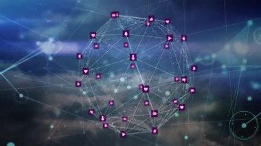 Sosyal medya simgelerinin soyut arkaplan üzerinden çizgilerle birleştirilmesi. Ağ, bağlantı, dijital, çevrimiçi, iletişim, teknoloji