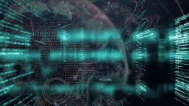 Dijital veri akışlarının animasyonu ağ bağlantılarında karmaşık şablonlar oluşturur. Teknoloji, bağlantı, iletişim, bilgi, soyut, siber uzay