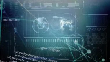 Veri ve dünya haritası kodlama ile gelecekteki dijital arayüzün animasyonu. Teknoloji, bilgi, küresel, siber, yenilik