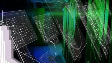 Geometrik arkaplan ile dijital arayüz üzerindeki veri grafiklerinin ve grafiklerinin animasyonu. analitik, görselleştirme, teknoloji, fütürist