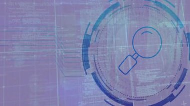 Ekranda büyüteç simgesi ve animasyonu olan dijital kod analizi. Teknoloji, siber güvenlik, yazılım, veri analizi, kodlama, tespit