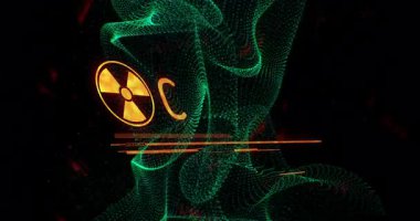 Dijital animasyon arka planında acil eylem içeren radyasyon uyarı işareti. Tehlike, güvenlik, alarm, tehlike, dikkat, acil durum