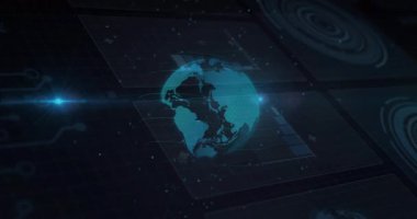 Veri tabloları ve arayüzdeki ağ bağlantılarıyla dijital dünyanın animasyonu. Teknoloji, küreselleşme, yenilik, bağlantı, analitik, fütüristik