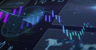 Dijital arayüzdeki dalgalı finansal grafiklerin ve veri noktalarının animasyonu. Analizler, finans, teknoloji, yatırım, ekonomi, büyüme