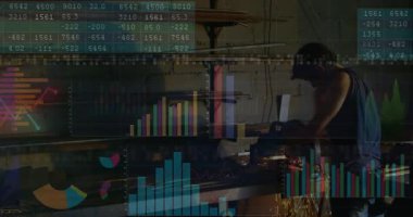 Endüstriyel atölyede çalışan biri için finansal veri işleme animasyonu. Teknoloji, yenilik, otomasyon, veri analizi, endüstri, dijital