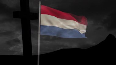 Karanlık bulutlu gökyüzüne karşı çapraz silueti olan Hollanda bayrağı sallıyordu. Vatanseverlik, ulusal, karanlık, dramatik, hava, sembol