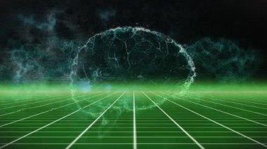 Fütüristik dijital ızgara manzaralı şablonlu animasyon ile parlayan küre. teknoloji, yenilik, siber, sanal, neon, soyut