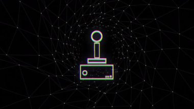 Okul ortamında dijital ağ çizgileri olan retro joystick ikonunun animasyonu. Teknoloji, oyun, nostalji, eğitim, sanal, etkileşim