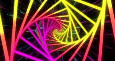 Renkli neon geometrik şekiller siyah arkaplanda spiral animasyon oluşturuyorlar. Soyut, modern, enerjik