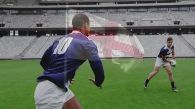 Sahada, rugby oyuncuları bayrak kaplama animasyonuyla hareket halindeler. Sporcular, takım çalışması, spor, animasyon, rekabet, profesyonel