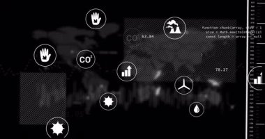 Çevresel veriler ve kodlama elementleri dünya haritasını ve animasyonları örtüyor. Teknoloji, küresel, analitik, veri görselleştirme, programlama, yenilik