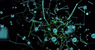 Dijital veriler üzerinden bağlantı ve finansal semboller ağını gösteren animasyon. Finans, bağlantı, teknoloji, engelleme zinciri, kripto para birimi, siber para