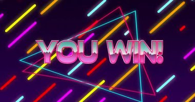 Neon You WIN animasyonu! Renkli köşegen çizgileri ve şekilleri olan metin. Tebrikler, tipografi, kutlama, zafer, dijital sanat, duyuru