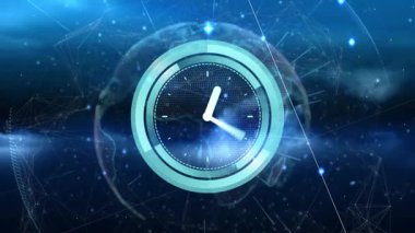 Dijital ağ bağlantıları ve veri noktaları olan gelecekteki saat animasyonu. Teknoloji, yenilik, sanal, zaman, siber
