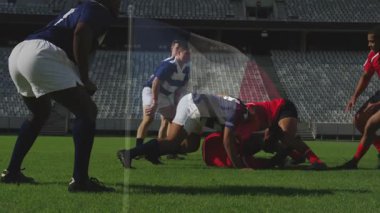 Stadyumda, rugby oyuncuları top ve bayrak kaplaması animasyonuyla koşuyorlar. Spor, takım, sporcular, yarışma, spor, açık hava