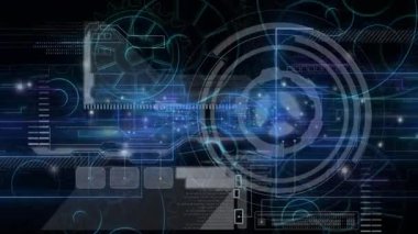 Parlayan mavi çizgilerin animasyonu ve gelecekteki arayüzdeki veri işleme elementleri. teknoloji, siber, sanal, dijital, yenilik, bağlantı