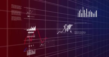 Animasyondaki grafikler ve grafikler dijital şebeke arka planındaki finansal verileri gösteriyor. Finans, analitik, istatistik, iş, büyüme, teknoloji