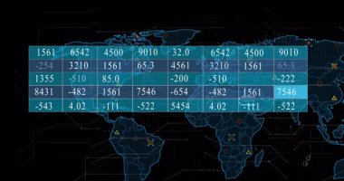 Dünya haritasında sayısal ve grafiksel bilgileri kapsayan veri işleme animasyonu. Teknoloji, analitik, görselleştirme, küresel, ağ, fütürist