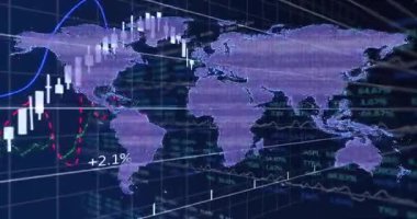 Finansal veriler ve borsa grafikleri örtüşüyor, dünya haritasının animasyonu gösteriliyor. Maliye, ekonomi, küresel, analitik, yatırım, istatistik