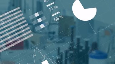 Veriler ve grafikler örtüşüyor, pasta grafiği animasyonu ve iş ortamındaki dünya haritası. analitik, kurumsal, finans, teknoloji, küresel, istatistik