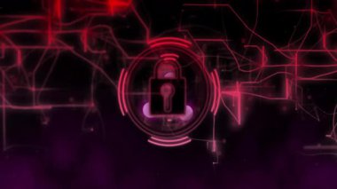 Soyut dijital ağ arka planında canlı kırmızı asma kilit. Siber güvenlik, şifreleme, teknoloji, koruma, veri güvenliği, fütürist