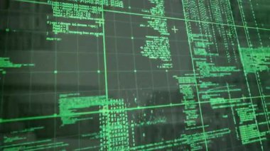 Koyu şebeke arka planında yeşil dijital kod işleme animasyonu. Teknoloji, matris, siber uzay, veri, fütüristik, soyut