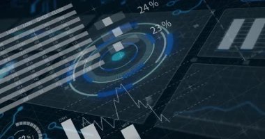 Dünya haritası üzerinde haritalar ve grafiklerle geleceksel veri görselleştirmesinin animasyonu. technology, data analizi, global, digital, analytics, virtual