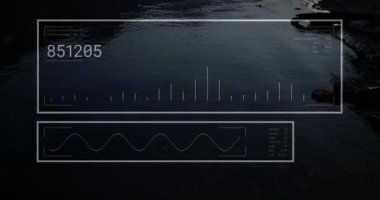 Gün batımında sakin gölü kaplayan grafiklerin ve sayıların animasyonu, veri görselleştirmesi. Analiz, istatistik, bilgi grafikleri, iş, teknoloji, yenilik