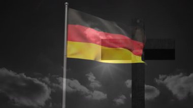 Dramatik bulutlu gökyüzünün altında çarpışan Alman bayrağı animasyon etkisi yaratıyor. Almanya, vatanseverlik, hava durumu, ulusal