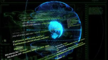 Programlama kodu ve veri görselleştirme elementleriyle dijital dünyanın animasyonu. Teknoloji, yenilik, analitik, sanal, küresel, kodlama