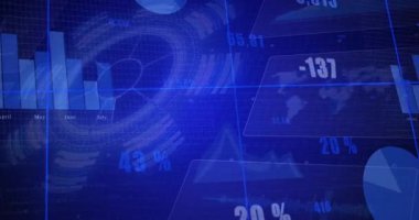 Mavi arkaplandaki grafik ve grafiklerle dijital veri canlandırması. analitik, gelecek, teknoloji, finans, istatistik, bilgi grafikleri