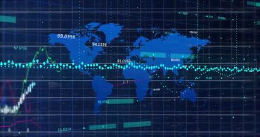 Finansal grafikler ve dijital şebekede veri noktaları olan dünya haritasının animasyonu. Finans, küresel, analitik, teknoloji, ekonomi, yatırım