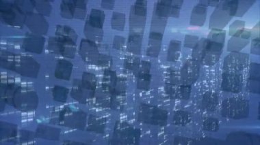 Aydınlanmış şehir manzarasında geceleri yüzen dijital veri bloklarının animasyonu. Teknoloji, siber güvenlik, ağ, fütüristik, yapay zeka, yenilik