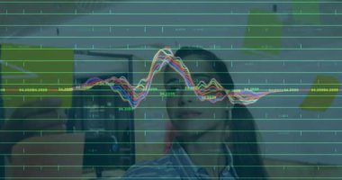 Finansal grafikler inceleniyor, iş kadını ekranda animasyon canlandırıyor. Finans, analiz, dijital, kurumsal, teknoloji, veri