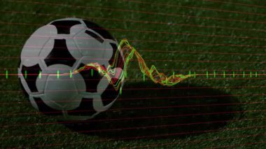 Çimenler üzerinde futbol topu yörüngesini kaplayan renkli veri grafiğinin animasyonu. Analizler, spor, görselleştirme, analiz, teknoloji, performans