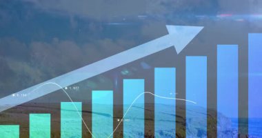 Yukarı doğru ok ve çizgi grafiğiyle manzara üzerinde çizgi grafiğinin animasyonu. Büyüme, ilerleme, analitik, istatistik, finans, başarı