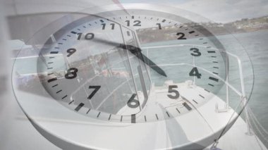 Saatin animasyonu gemi güvertesini kaplıyor, zaman ve seyahat kavramlarını harmanlıyor. yolculuk, denizcilik, hareket