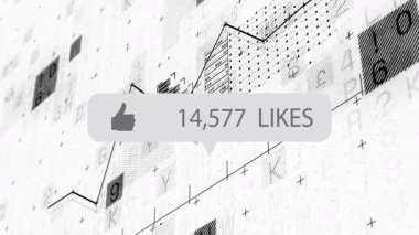 Veri ve grafik arkaplanı üzerinde beğenileri olan başparmak kaldırma simgesi canlandırması. Onay, sosyal medya, analitik, istatistik, sıralama, büyüme