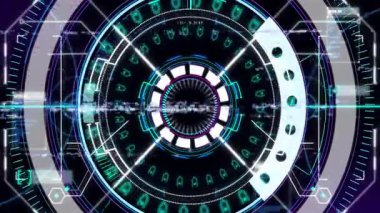 Dönen dairesel desenler ve geleceksel animasyon tasarımında parlayan mavi elementler. Soyut, teknoloji, dijital, neon, aydınlatma, simetri