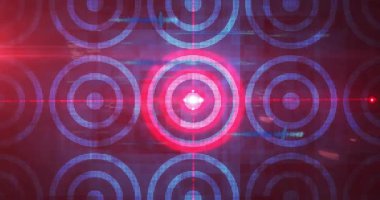 Verileri kaplayan dijital dalga biçimleriyle parlayan kırmızı hedef desenlerinin animasyonu. Gelecek, teknoloji, soyut, hareket, grafikler, sanal