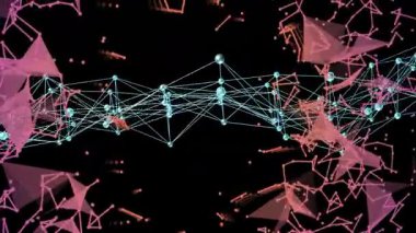 Siyah arkaplanda ağ düğümlerinin ve geometrik şekillerin animasyonu. Bağlantı, dijital, teknoloji, soyut, geleceksel, siber
