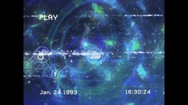 Mavi teknoloji arka planında veri işleme animasyonuna sahip dijital ağ simgeleri. Teknoloji, fütüristik, iletişim, arayüz