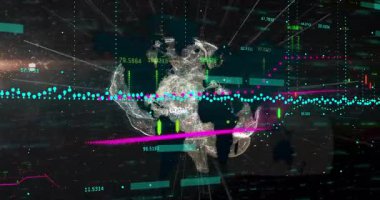 Okul ortamındaki finansal verileri ve dijital bağlantıları gösteren animasyon küresel harita. Küreselleşme, ekonomi, finans, teknoloji, eğitim, ağ