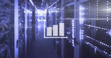 Sunucu odasında, veri sunucularını kaplayan bar grafik simgesinin canlandırılması. Teknoloji, veri yönetimi, bilgi teknolojisi, dijital, ağ, analiz