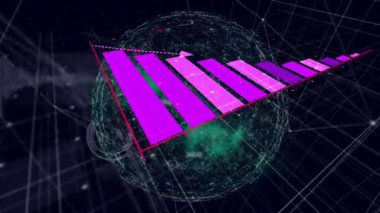 Veri görselleştirmesi için parlayan mor çubukların animasyonu ve dijital ızgara örtüsü. Teknoloji, fütürist, siber, matris, yenilik