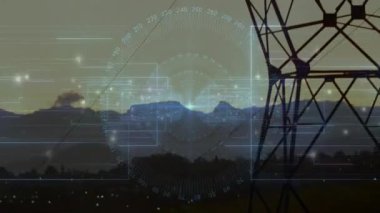 Dijital arayüz animasyonu, gökyüzüne karşı güç hattı yapısı üzerine yerleştirildi. Teknoloji, elektrik, enerji, yenilik, ağ, hizmet