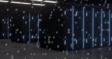 Veri merkezi ortamındaki sunucularda ikili kod animasyonu, sergi teknolojisi. kodlama, dijital, siber güvenlik, ağ oluşturma, altyapı, bilişim
