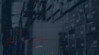 Borsa grafikleri kutu animasyonlarıyla depodaki raflarda yükselip alçalıyor. Maliye, ekonomi, ticaret, yatırım, analitik, lojistik