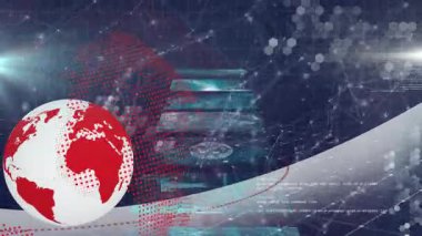 Dijital dünya haritası üzerinden küresel ağ bağlantıları ve veri işleme animasyonu. Teknoloji, dijital dönüşüm, bağlantı, ağ, büyük veri, iletişim