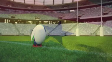 Stadyumda, sahada Gana bayrağını taşıyan rugby topu animasyonu. Spor, rekabet, ulusal etkinlik, amblem
